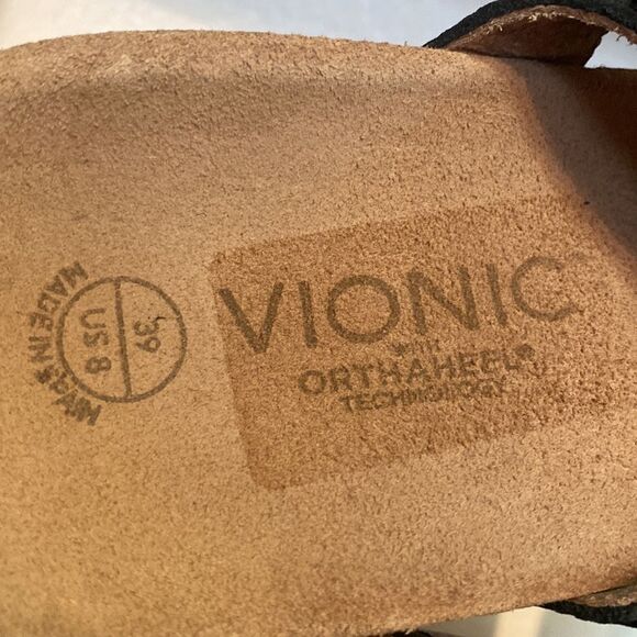 Vionic Afton Black Leather Rhinestones Adjustable Straps ComfortSlip On Sandals - Picture 9 of 11